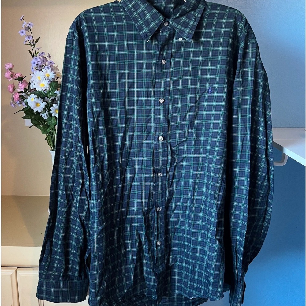 Polo Ralph Lauren Blue Green Plaid Button Down XL Preppy Heritage Cabincore Work